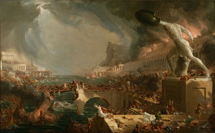Classical painting of Roman or Greek city collapsing like a business when it fails