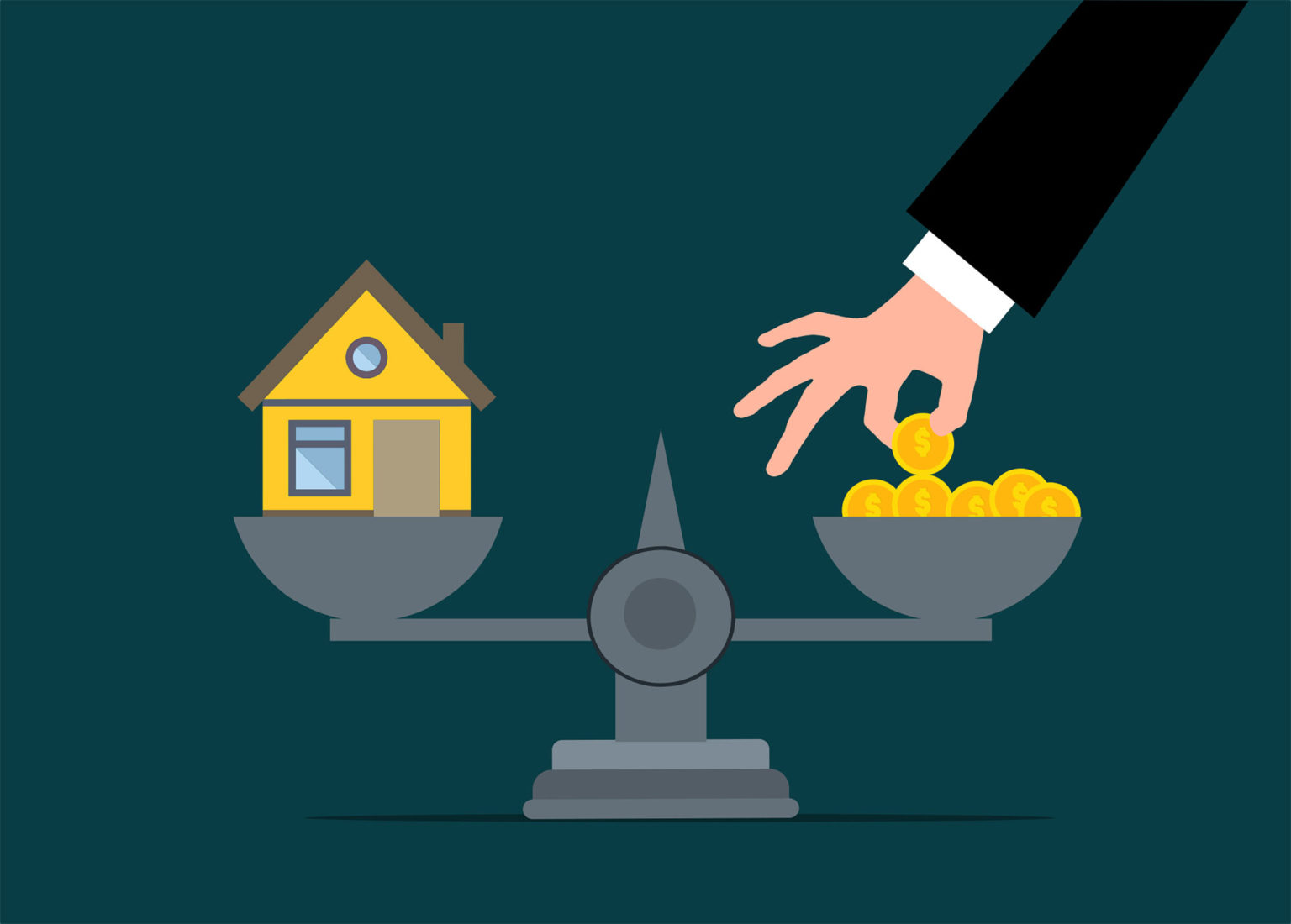 A hand picks a coin out of the right side of a scale, with a house sitting on the left side of the scale.